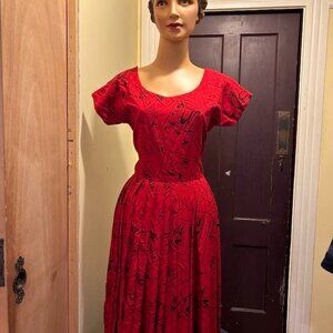 50s STYLE Full pleated skirted dress Red & Black
